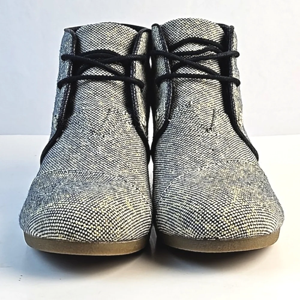 Toms Desert Wedge Linen Tweed Black White Metallic Gold Lace-up Ankle Bootie